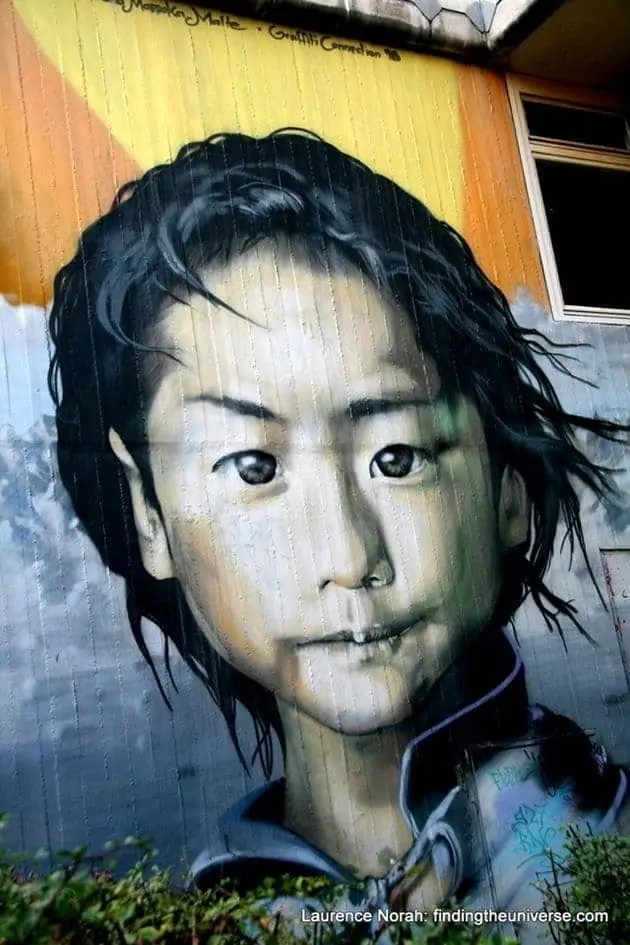 Boy on wall, part of fifty faces mural, Berlin, Germany