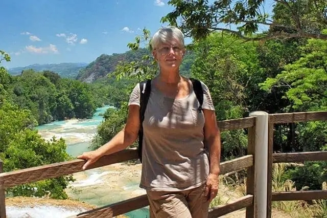 Barbara Weibel at Agua Azul Waterfall, Chiapas, Mexico