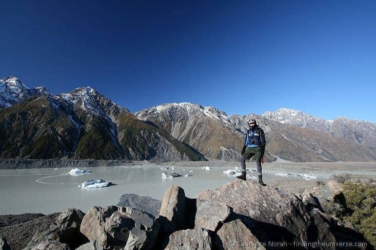 Tasman lake glacier icebergs girl