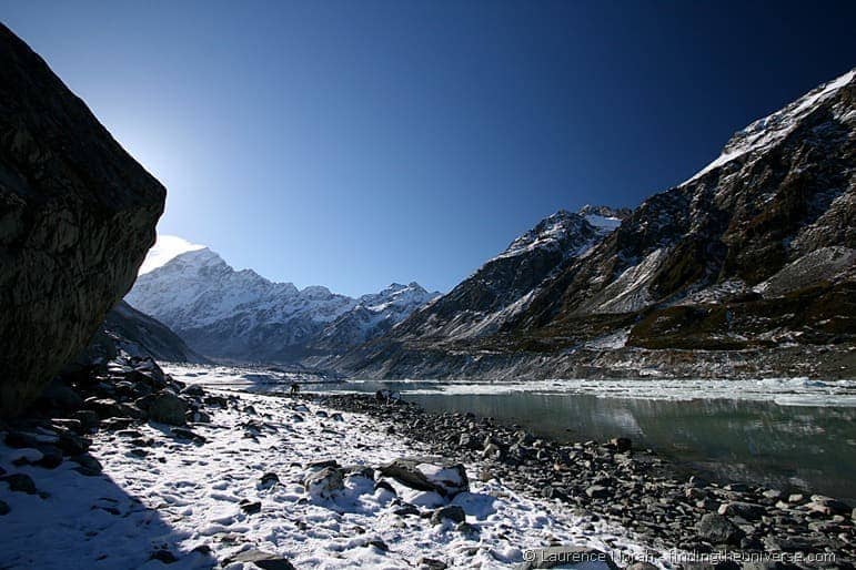 Mount Cook and iceberg coated lake