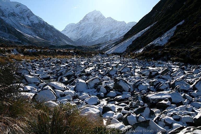 Snow covered rocks to Mount Cook
