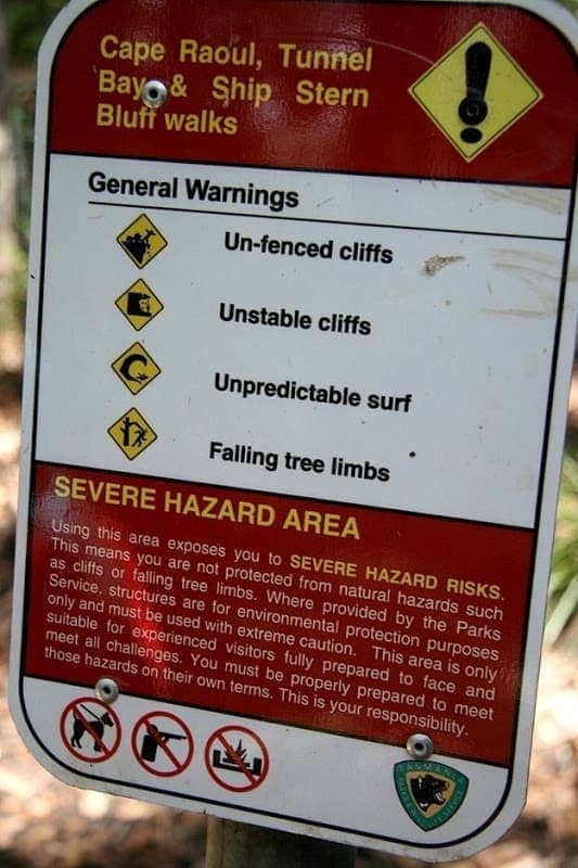 Danger warning sign Cliffs of Cape Raoul walk tasmania