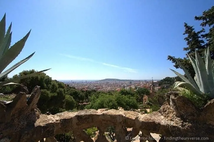 View across Barcelona from Parc Guell with Montjuic Hill in background View across Barcelona from Parc Guell with Montjuic Hill in background