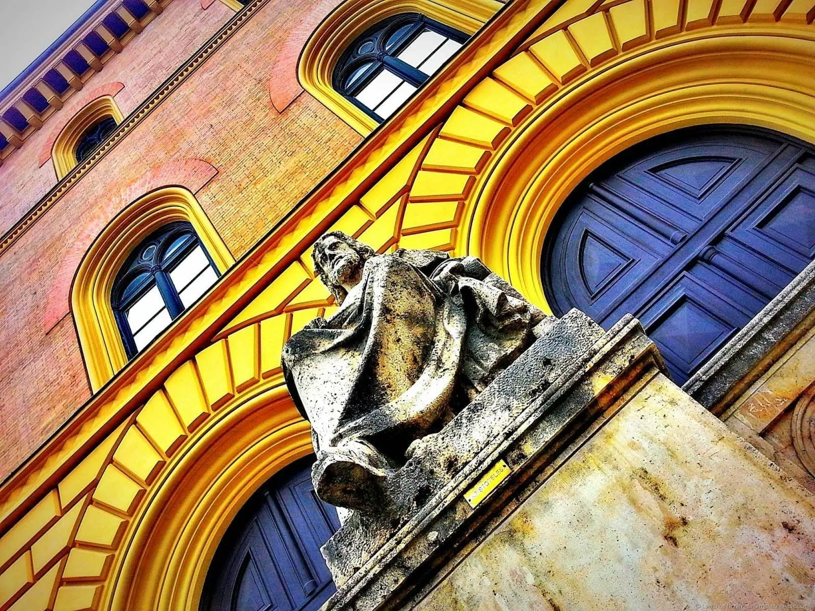 Statue against colourful backdrop Munich