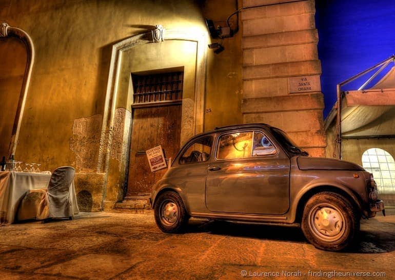 car back street restaurant italy fiat