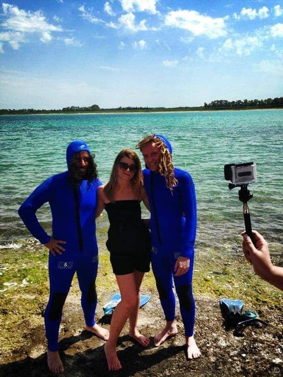 Laurence and Daniel in a blue wetsuit