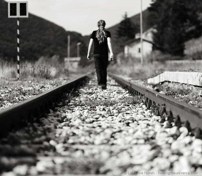 Laurence walking on train tracks Molise Italy