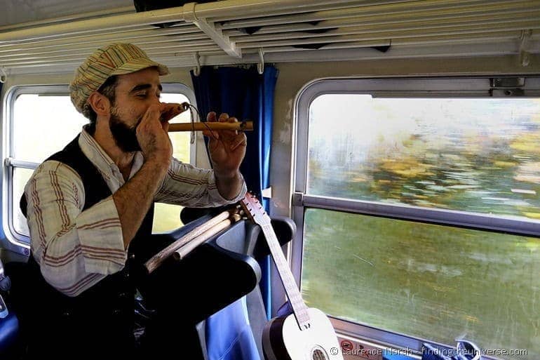 Man playing flute on train