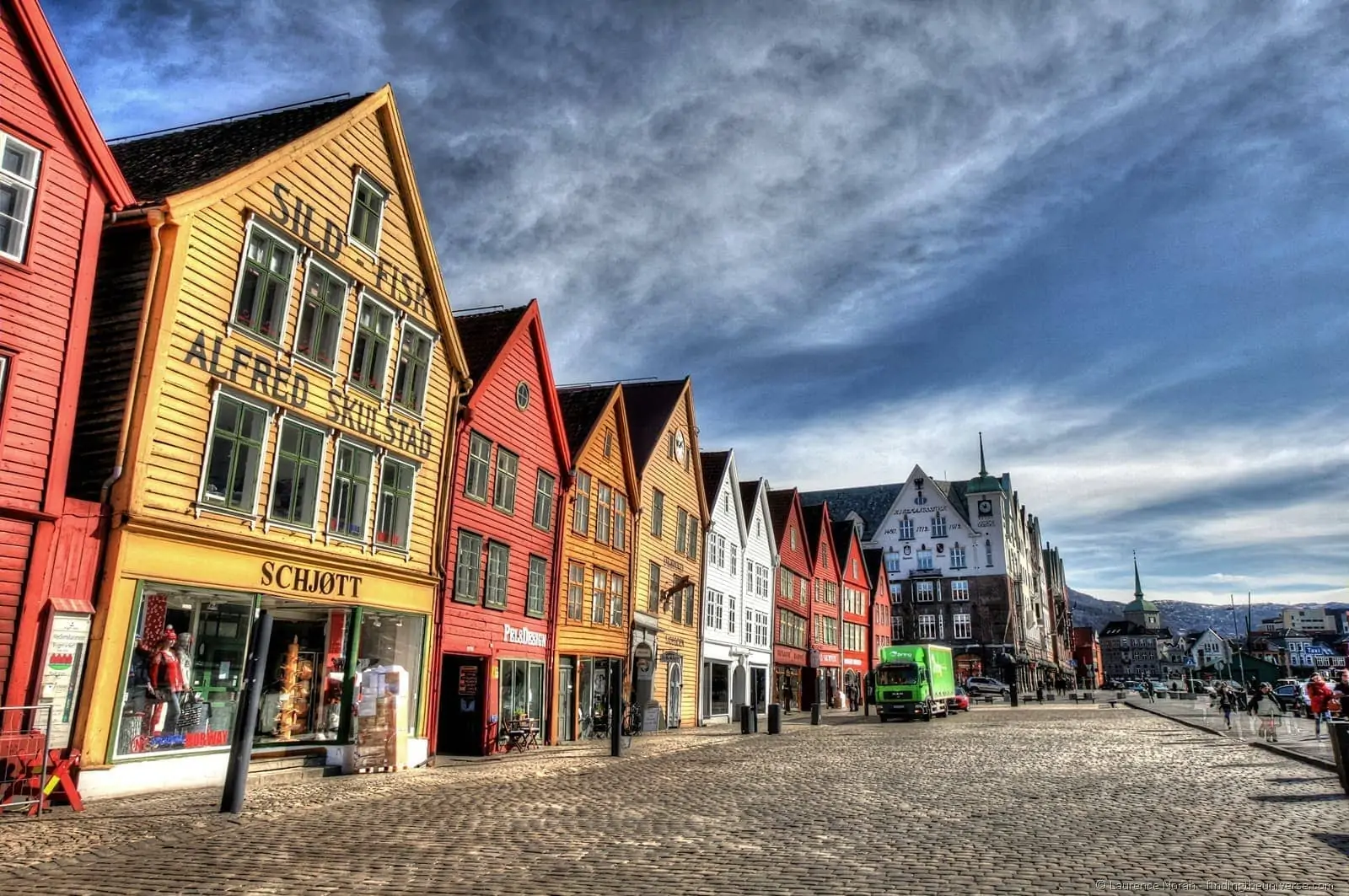 Bryggen colourful houses row Bergen Norway blue skies 2 Bryggen colourful houses row Bergen Norway blue skies 2