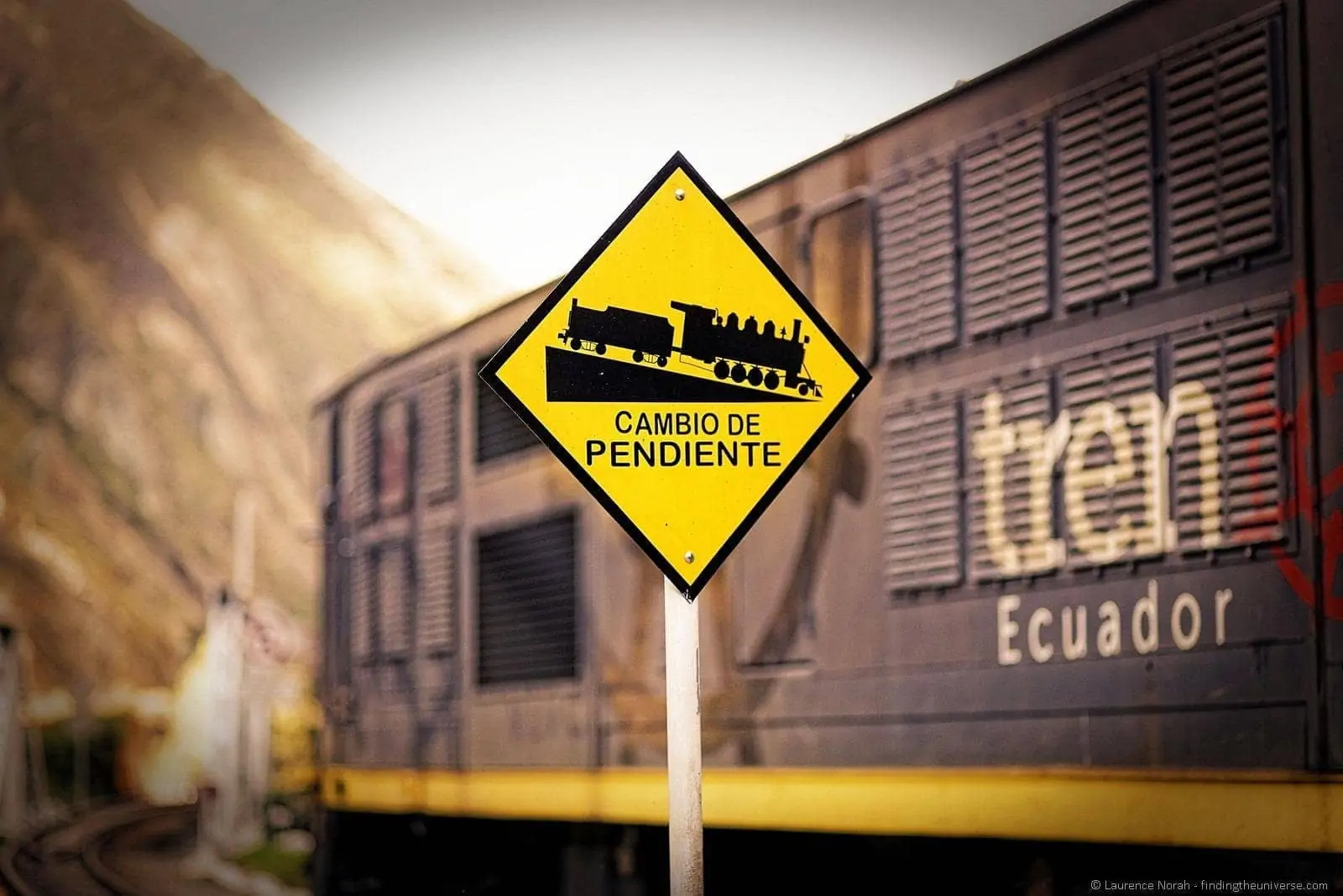 Steep train tracks warning sign devils nose nariz diablo Ecuador