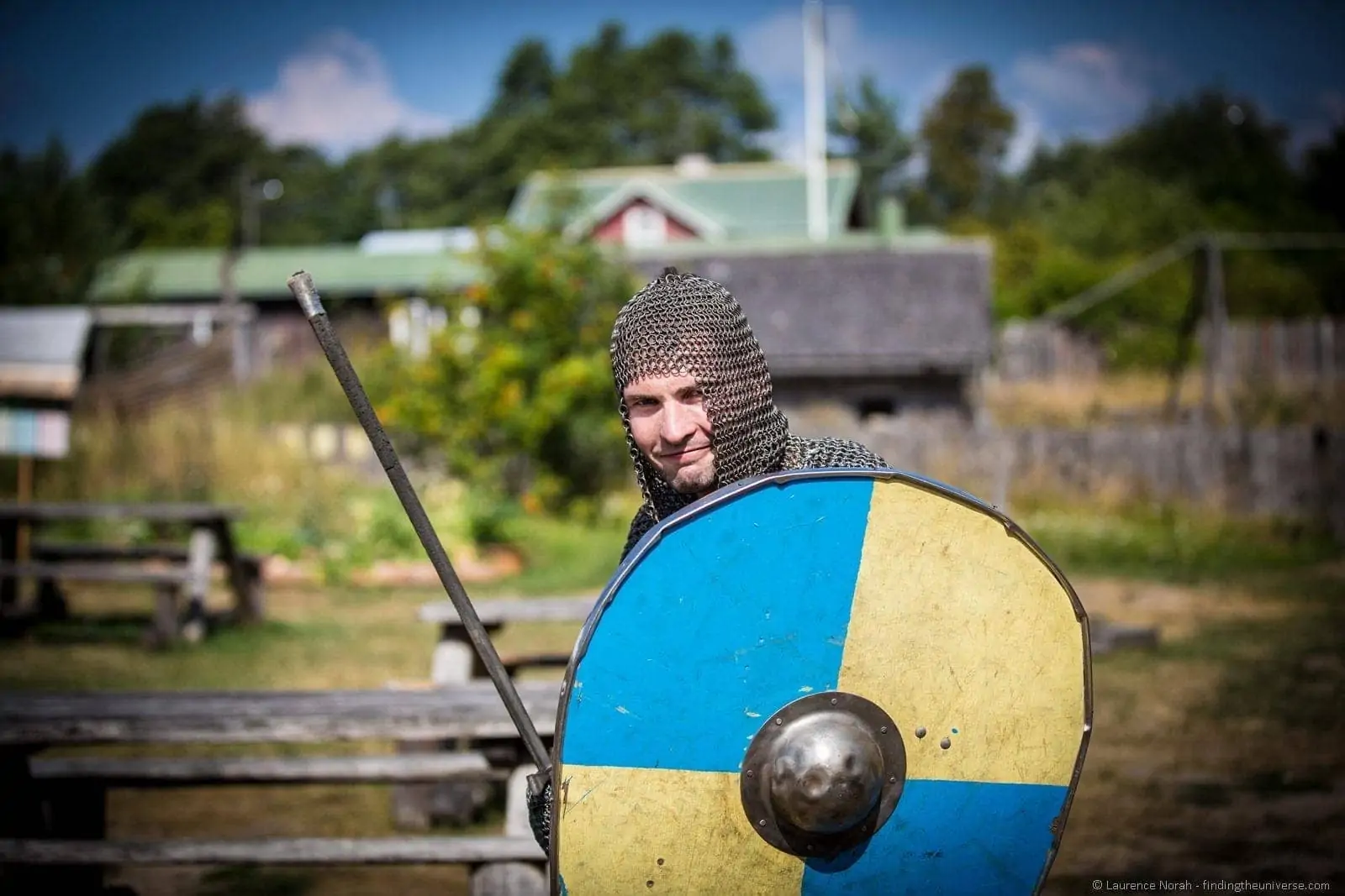 Man in chain mail viking village Finland