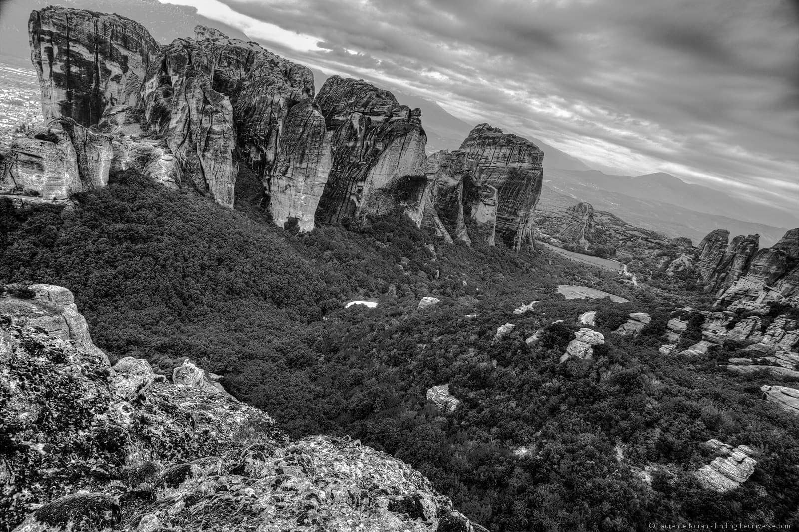 Meteora rocks in black and white greece