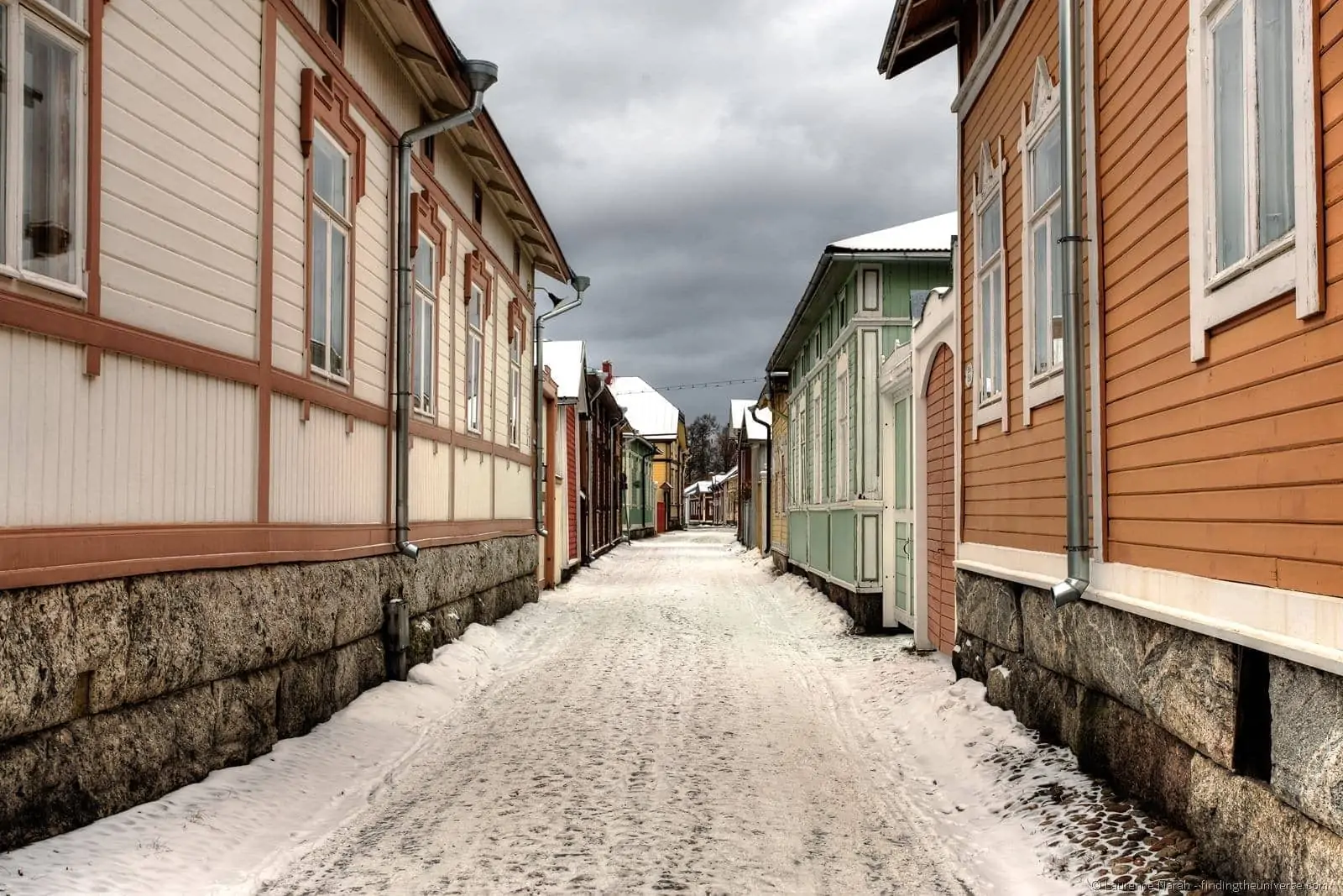 rauma old town streets snow finland wooden houses rauma old town streets snow finland wooden houses