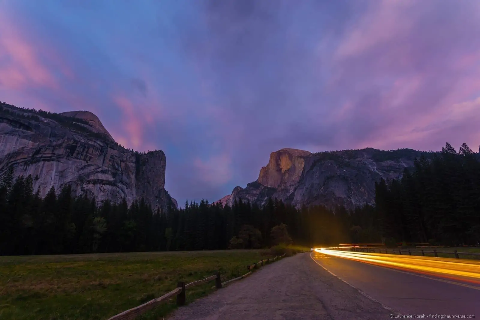 Lights and half dome yoesmite sunset