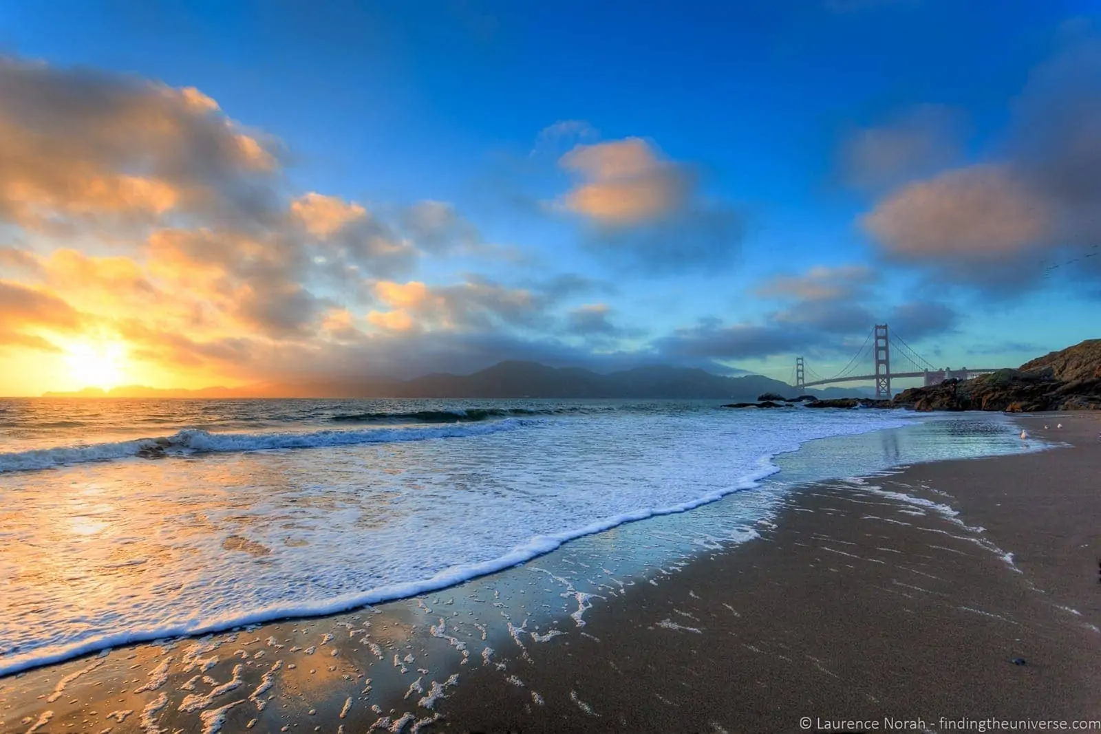 Baker's Beach at sunset with the Golden Gate Bridge in the distance