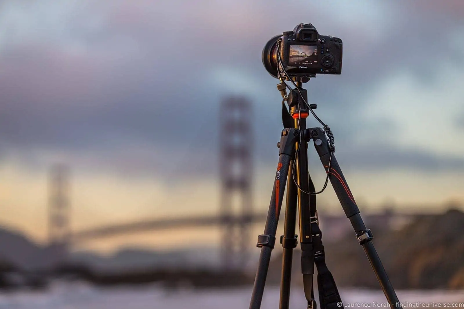 Bridge towers from Baker's Beach at sunset, shallow depth of field