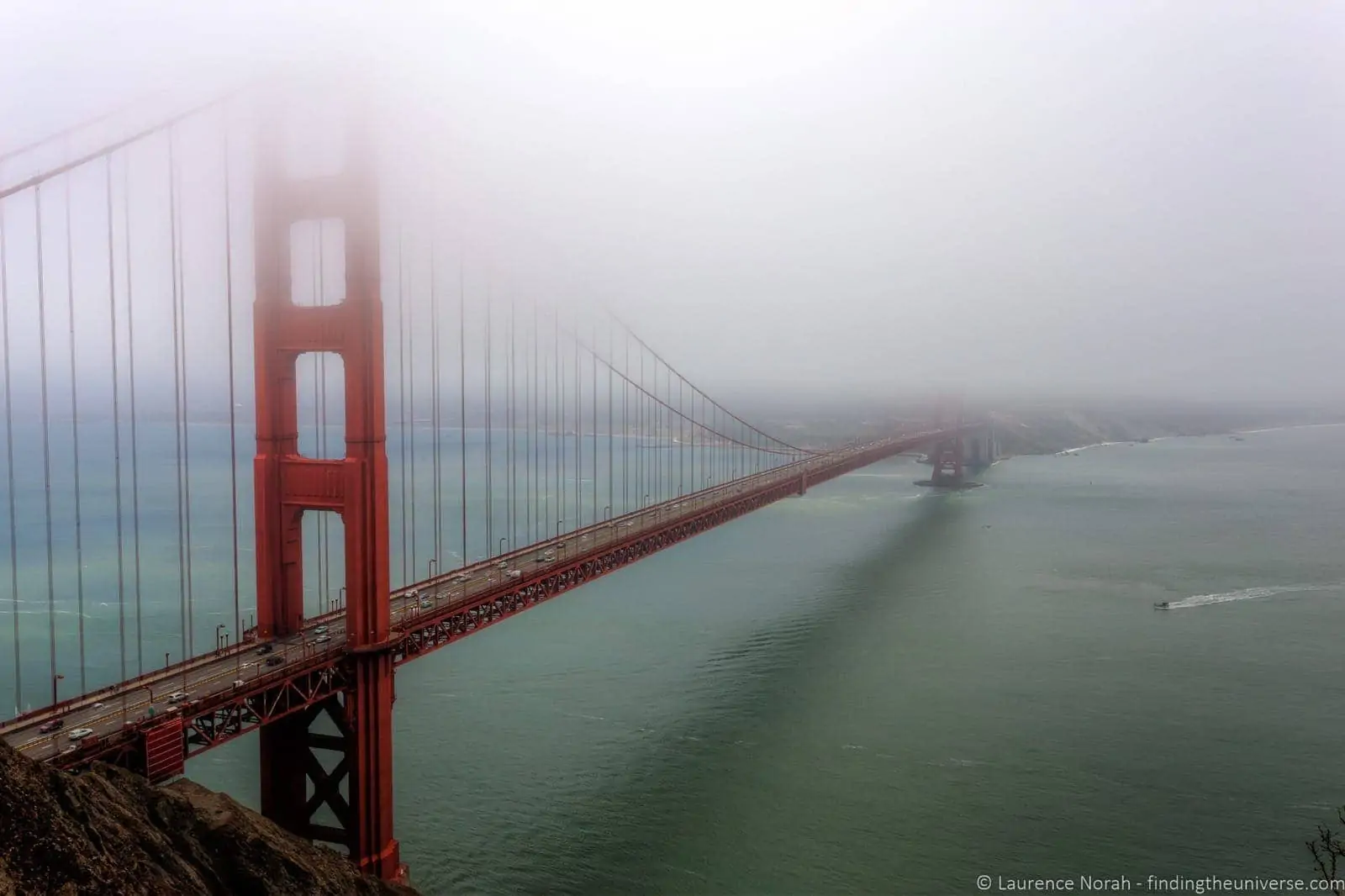 Golden Gate Bridge from Battery Spencer, with fog over the city behind
