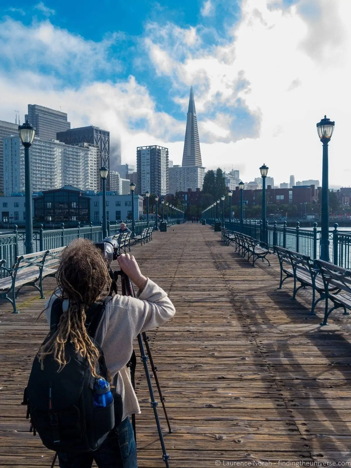 Looking down Pier 7 with street lamps in symmetrical perspective