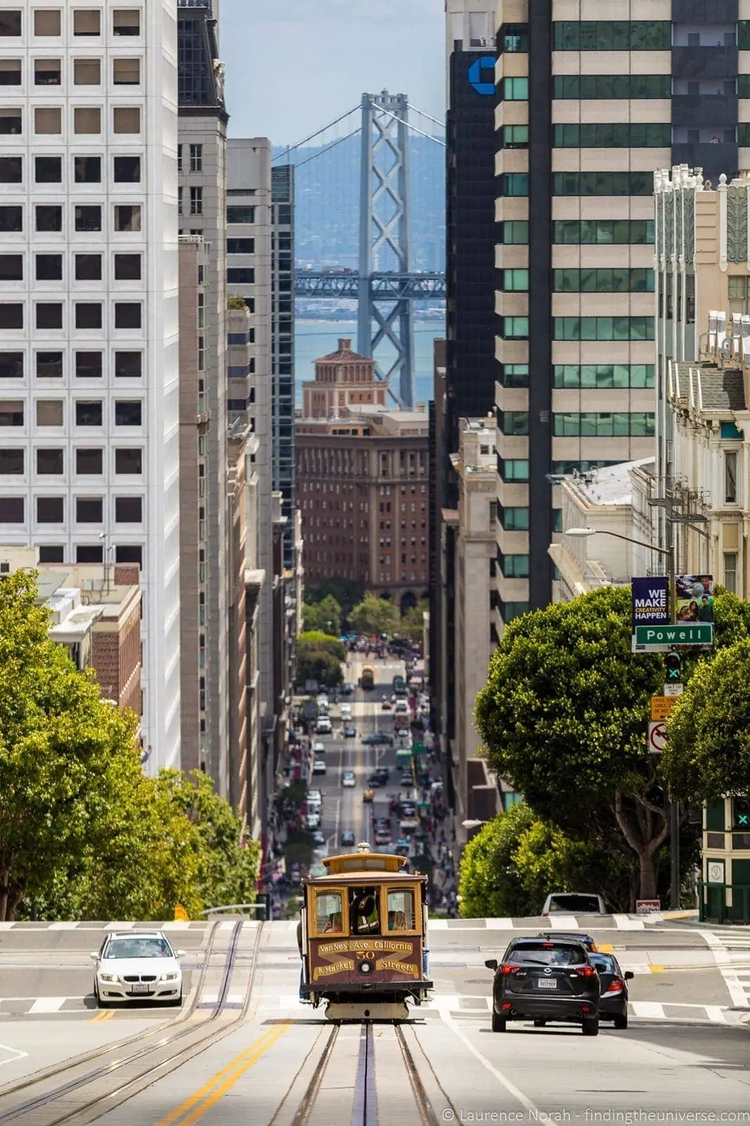 Cable car in motion on a steep San Francisco street, telephoto compression