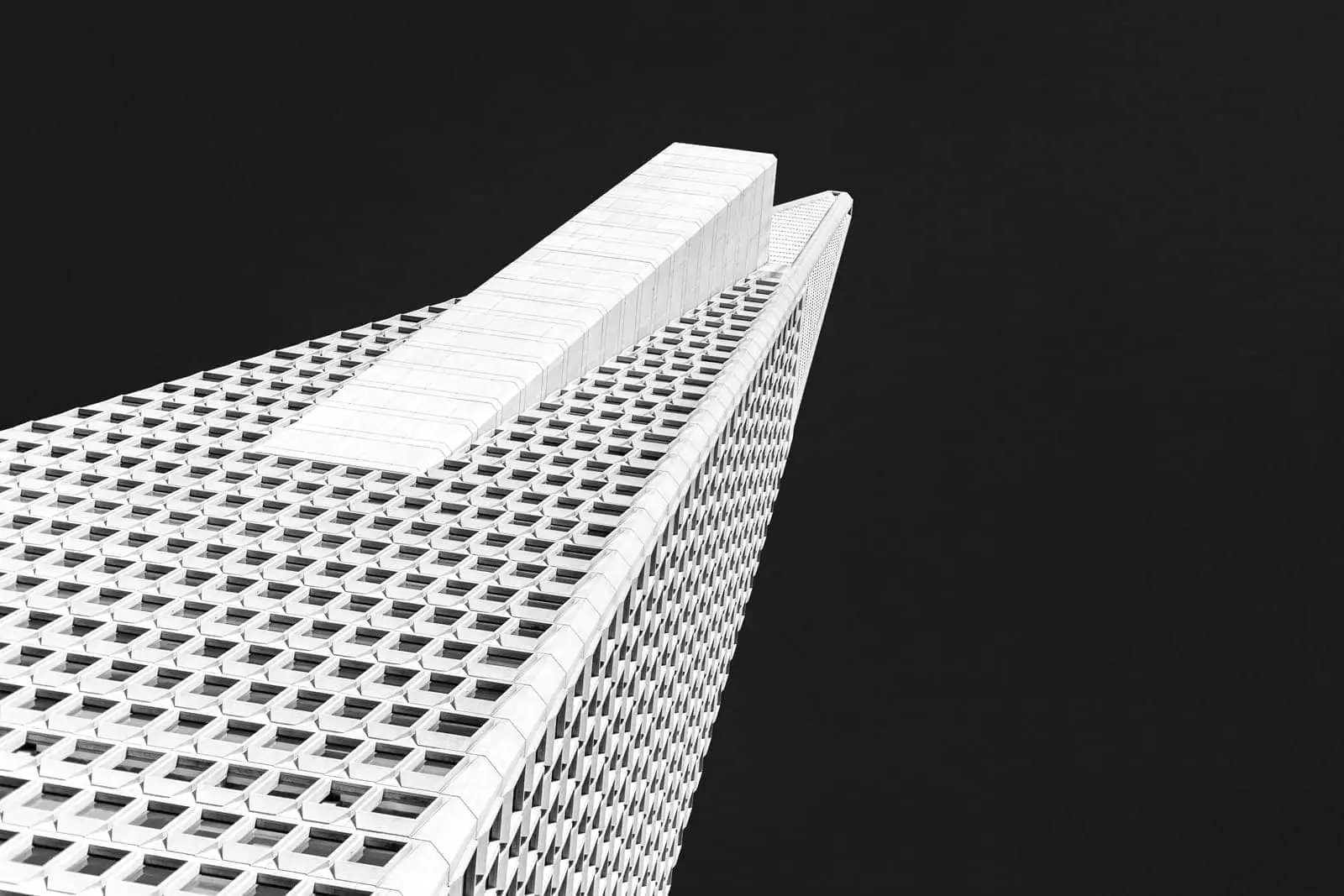 Transamerica Pyramid building from below, ultra-wide angle