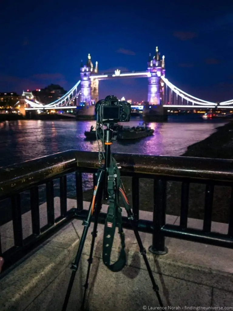 Vanguard tripod set up in front of Tower Bridge at night