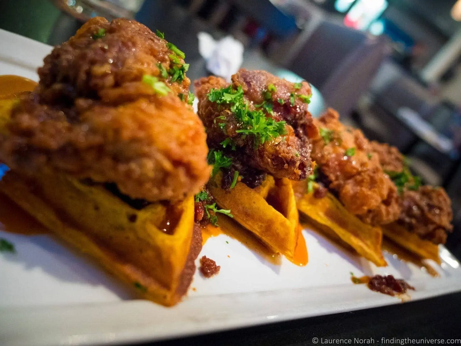 Fried chicken on waffles at a restaurant in the Savannah Georgia area