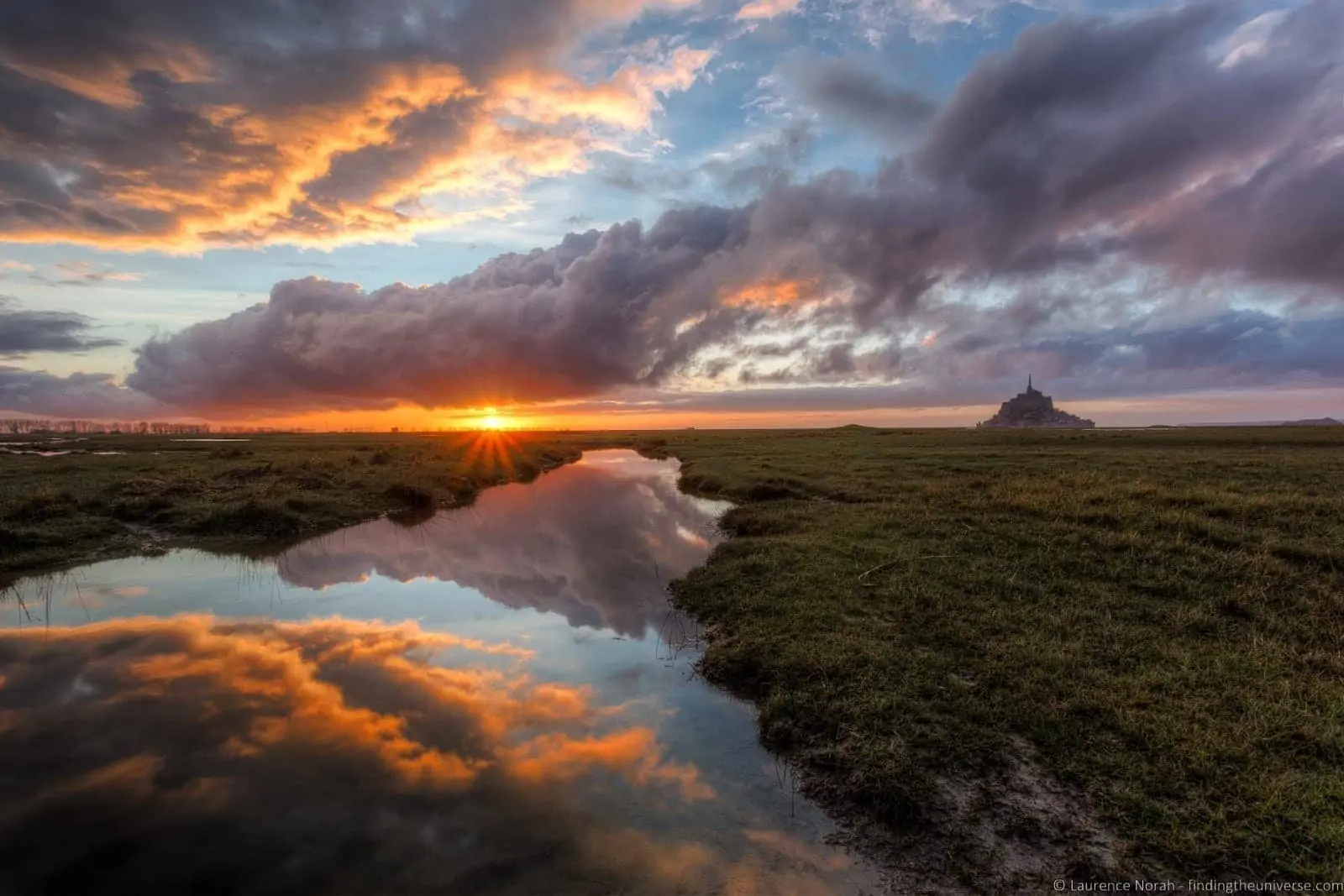 Mont-Saint-Michel at sunset, photographed from the mainland