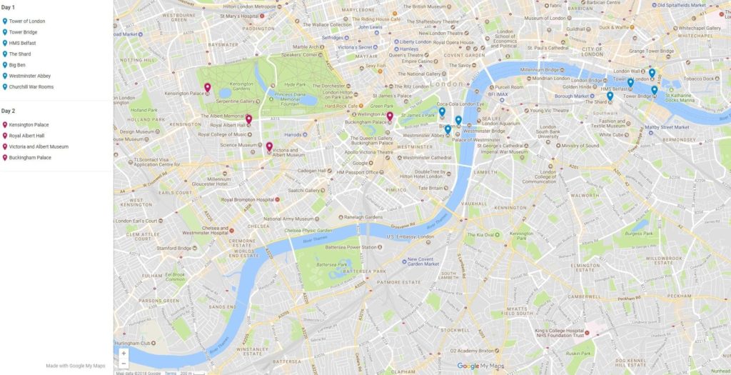 2 day London itinerary map