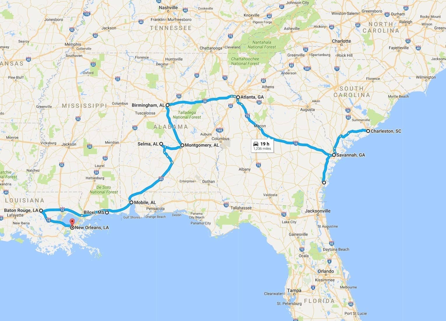 Deep South Road Trip Map