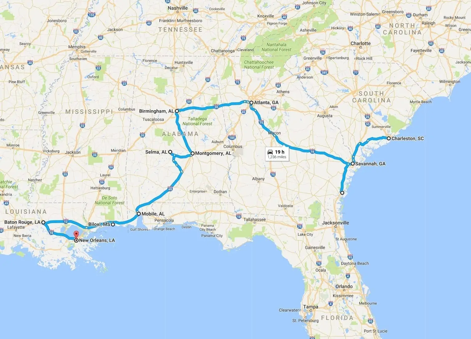 Deep South Road Trip Map