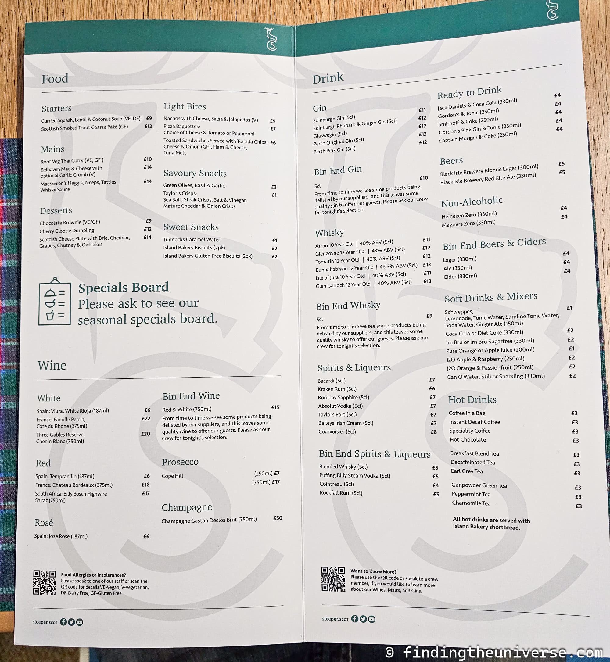 Caledonian Sleeper train dinner menu by Laurence Norah