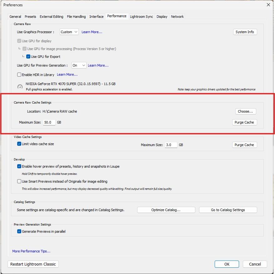 Lightroom Classic Camera Raw cache settings showing 50GB cache size