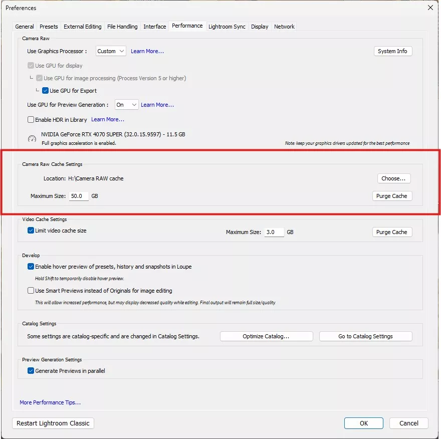 Lightroom Classic Camera Raw cache settings showing 50GB cache size Lightroom Classic Camera Raw cache settings showing 50GB cache size