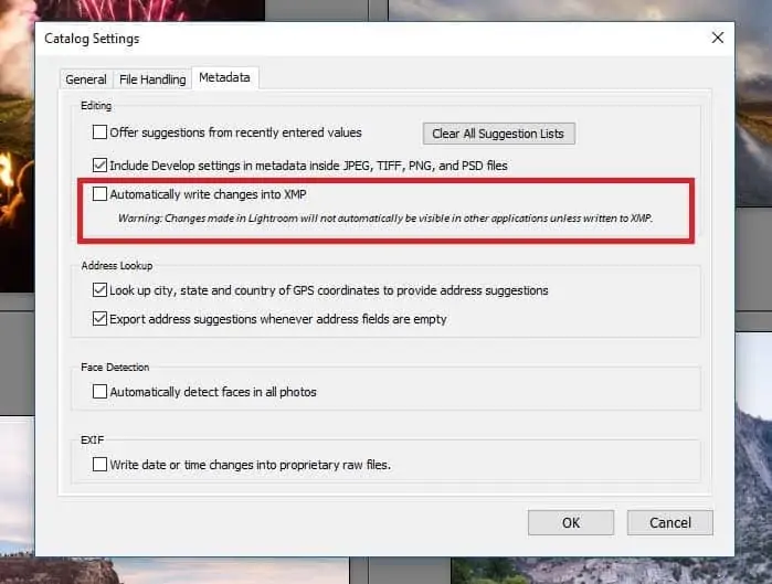 Lightroom Classic Catalog XMP Settings