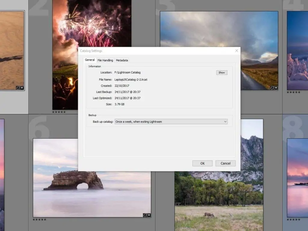 Lightroom Classic catalog settings showing file location