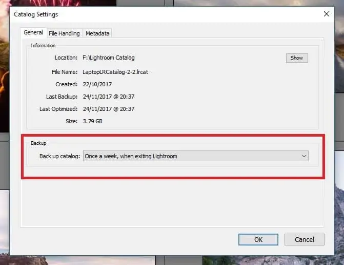 Lightroom Classic catalog backup settings