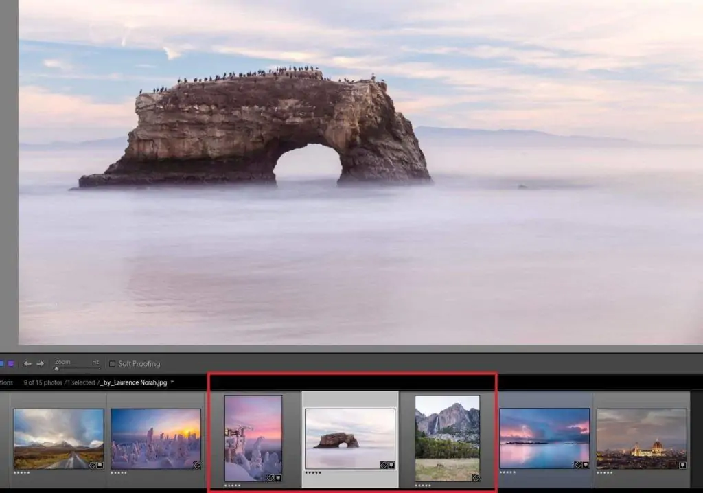 Lightroom Classic filmstrip view showing sequential editing