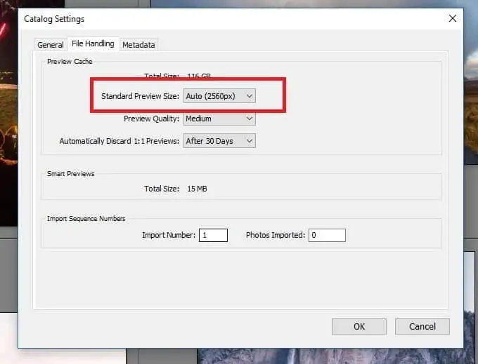 Lightroom Classic preview size settings in Catalog Settings