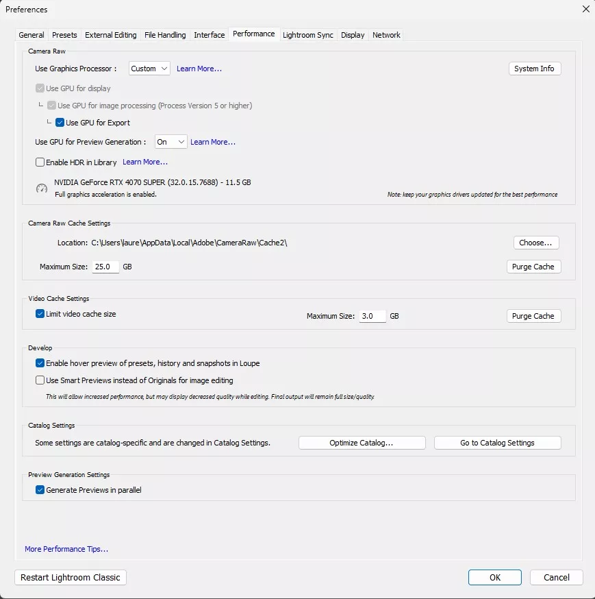 Lightroom Classic GPU performance options in Preferences