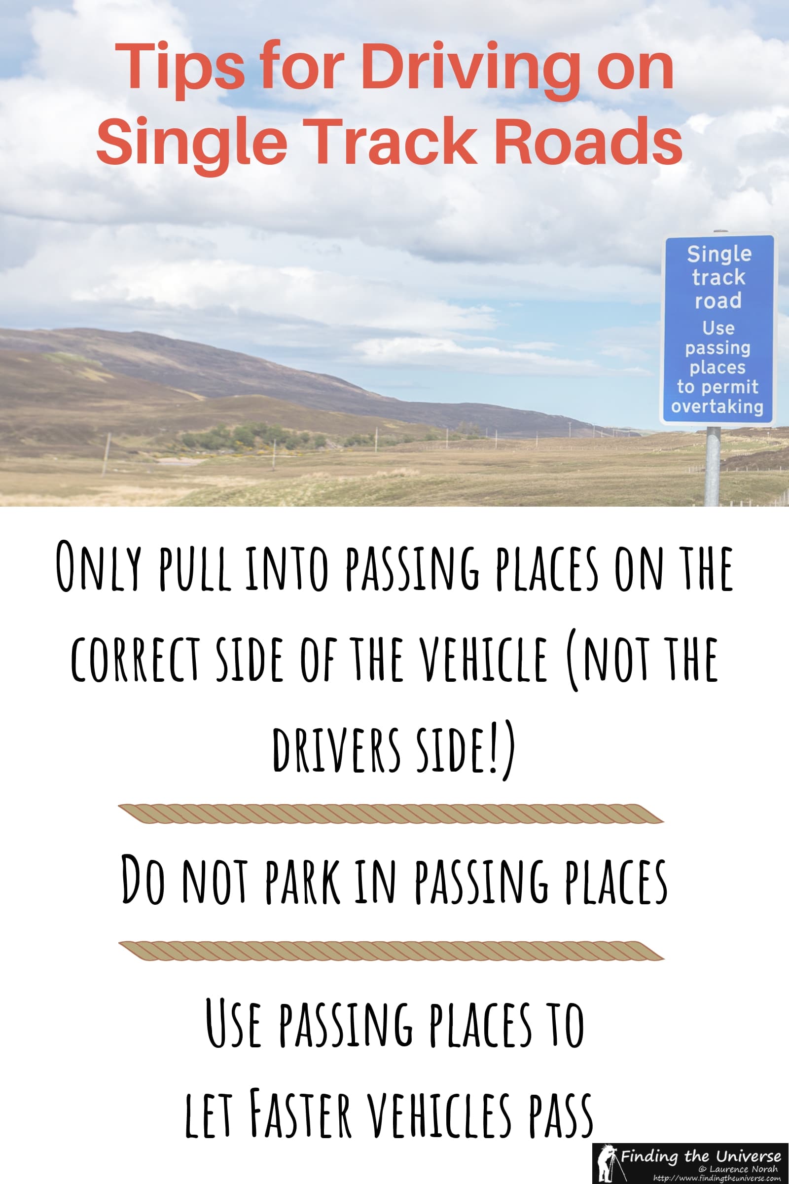 How to drive on single track roads, including tips for using passing places correctly and overtaking. Includes tips for left and right side roads, including Scotland and Iceland