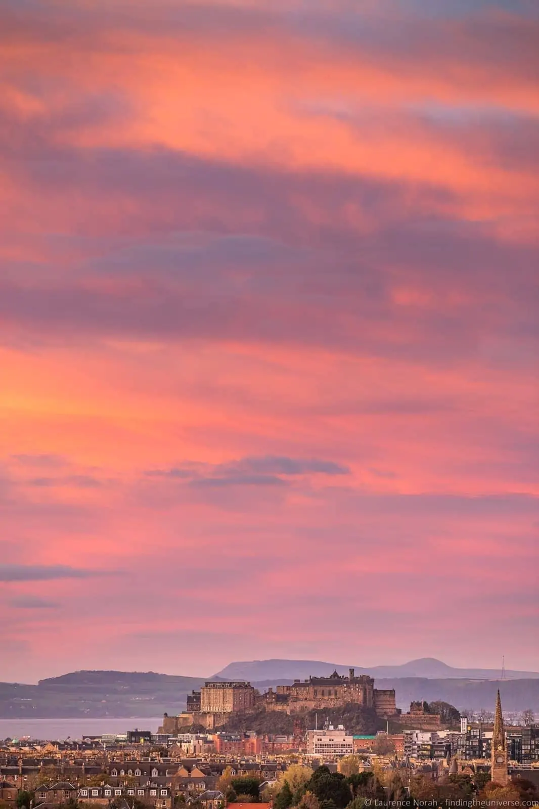 Sunset over Edinburgh from Blackford Hill telephoto compression