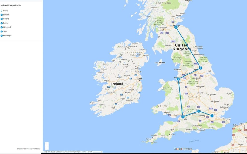 10 Day Uk Itinerary route map