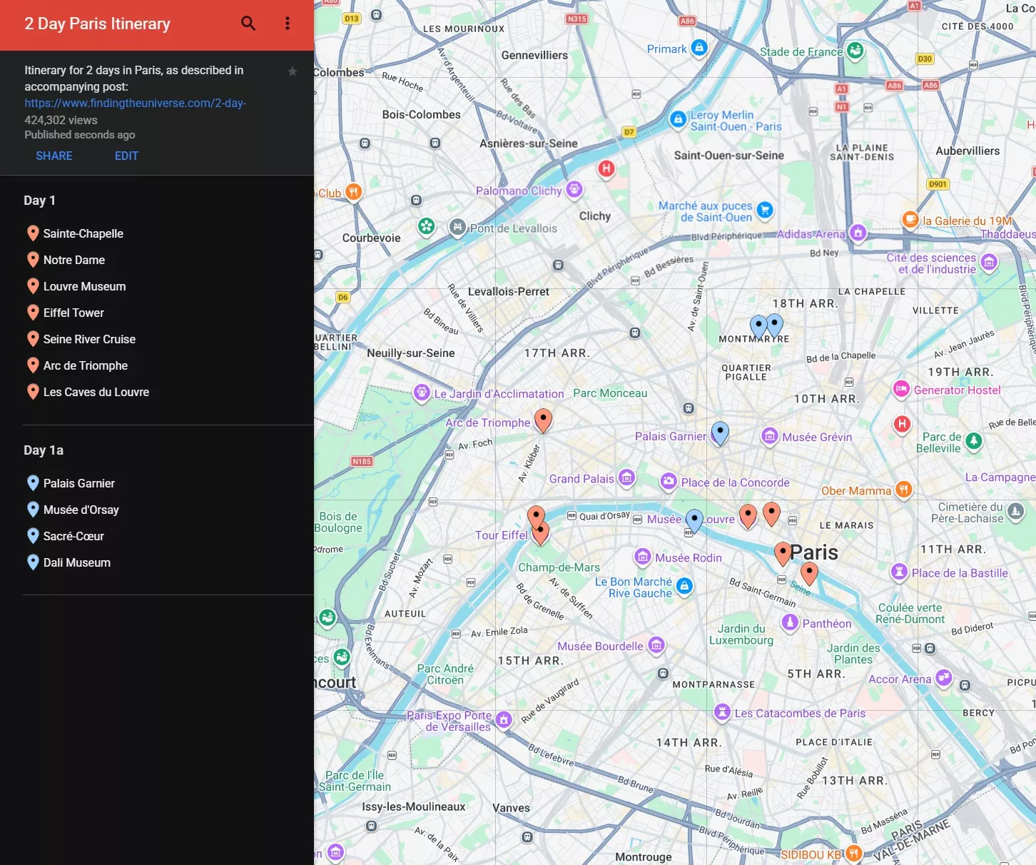 2 day Paris map