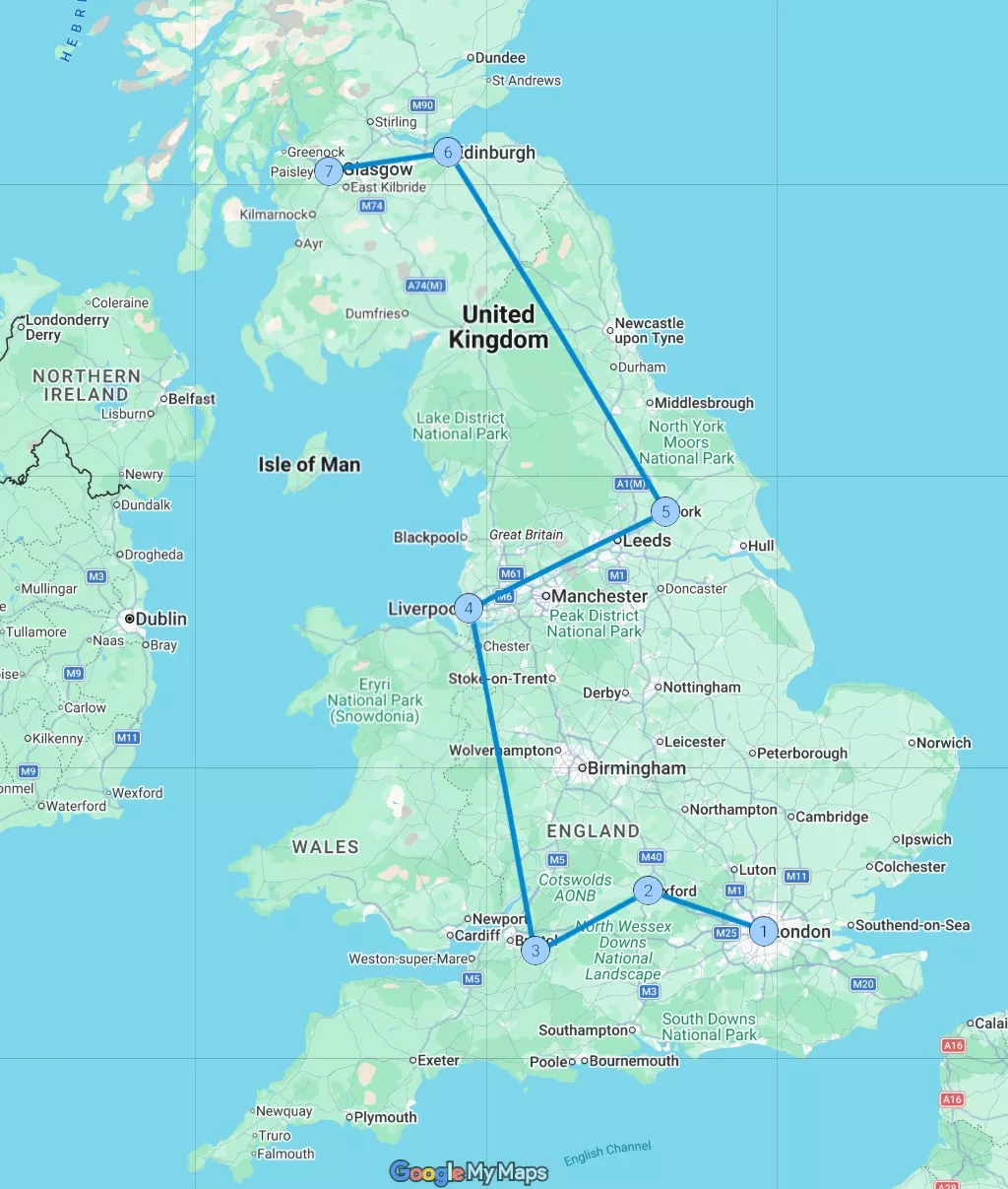 10 Day UK Itinerary route map - London to Glasgow by public transport
