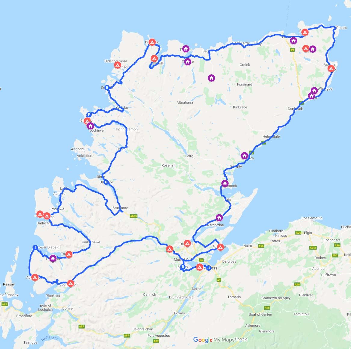 Map of NC500 campsites and pods