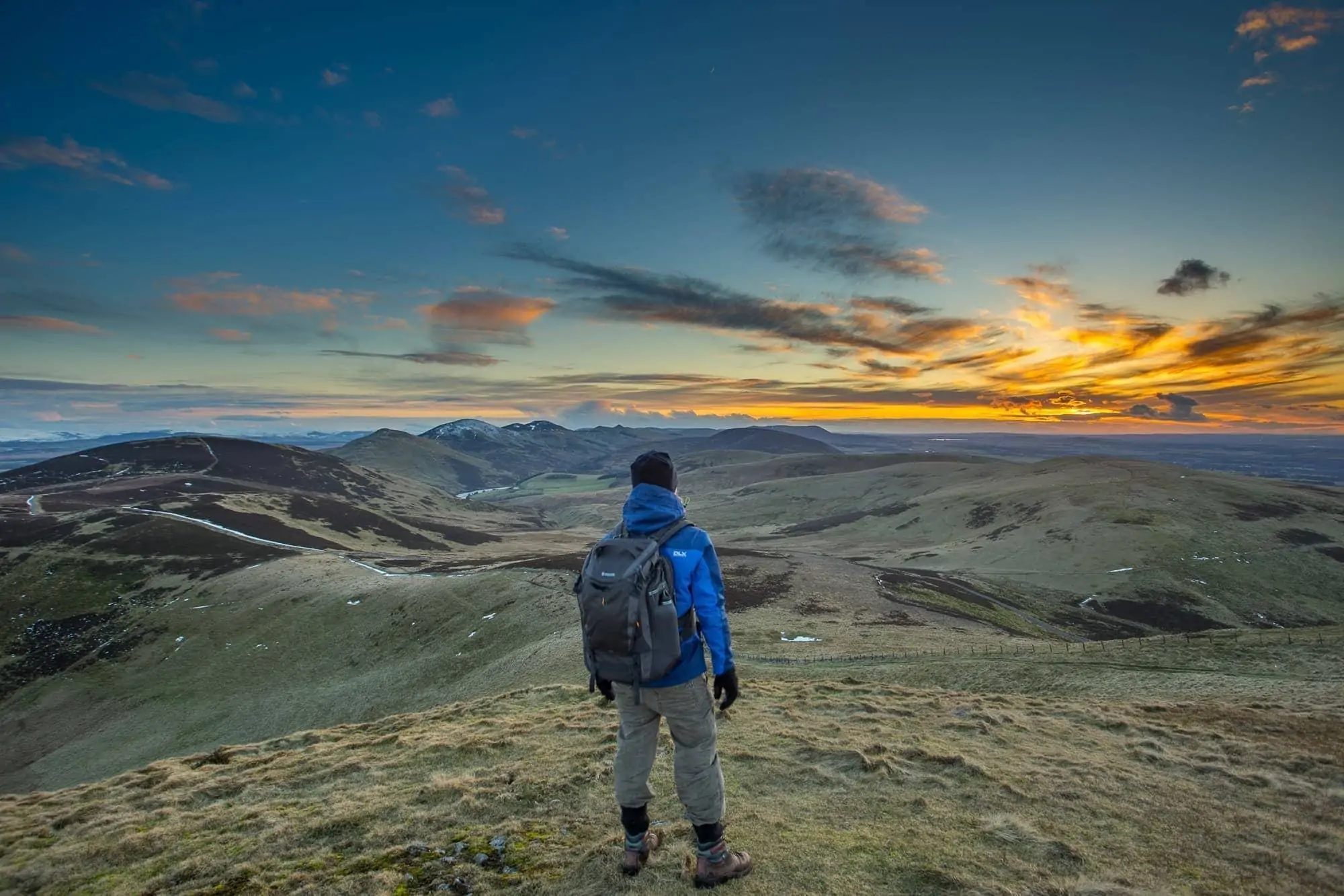 Vanguard Alta Sky camera bag and tripod set up on Allermuir Hill, Pentland Hills, Scotland