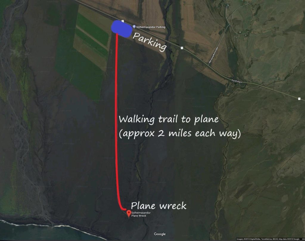 Map of iceland plane crash parking and walking route