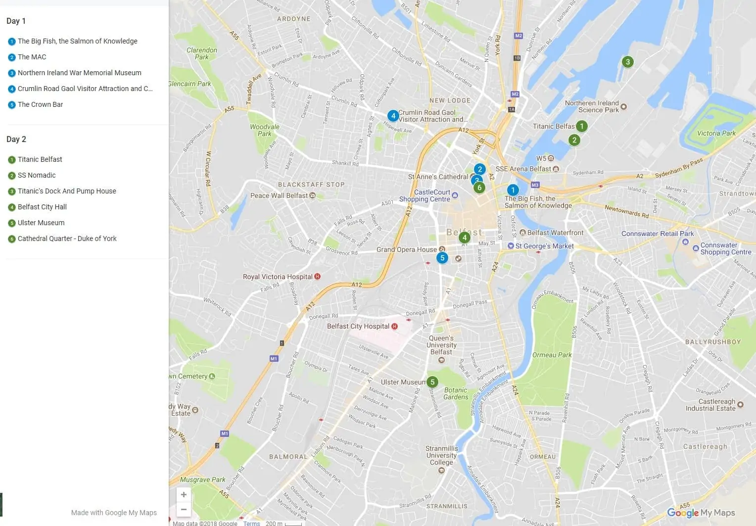 Map of the 2 day Belfast itinerary