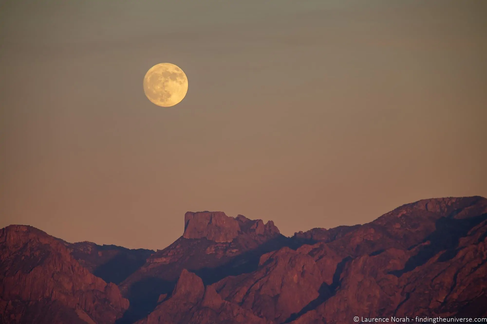 Moonrise over the Chisos mountains, Big Bend National Park, Texas, telephoto compression example