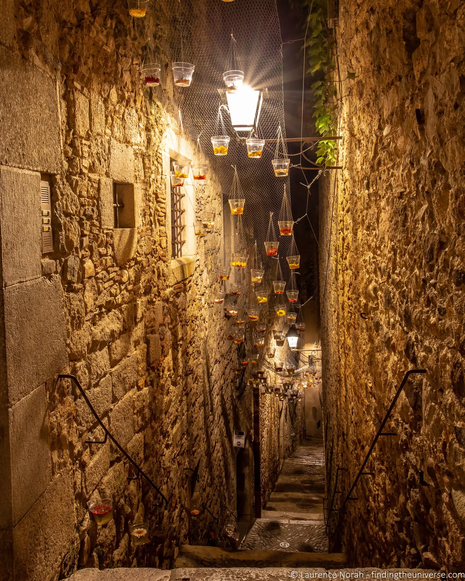 Girona old town lit up at night